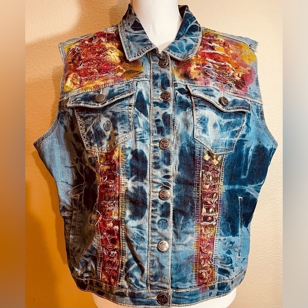 🎨 AIRBRUSHED GLITTER DECORATED ART Earl Jean Vest XL Boho Possibly Upcycled 90s - Picture 2 of 16
